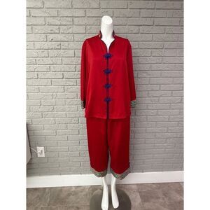 Cabaret Women Red Satin Oriental Style Floral Pant Lounge Sleepwear Set Size M